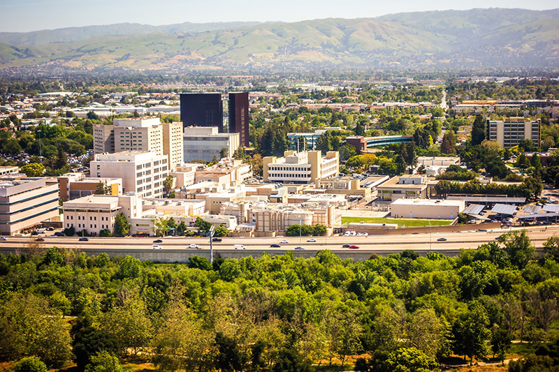 Flyover of downtown San Jose with many private school and charter school options